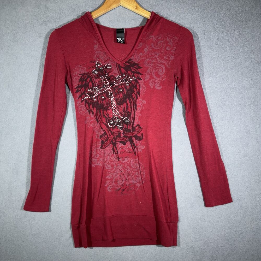 R23 F&L Rhinestone Cross Wing Hoodie Top Women’s Small Y2K Biker Gothic Red